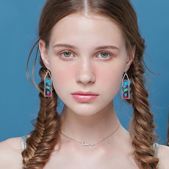 Blue Red Handmade Bohemian Tribal Retro Colorful Square Bar Dangle Earrings - Picture 4 of 6